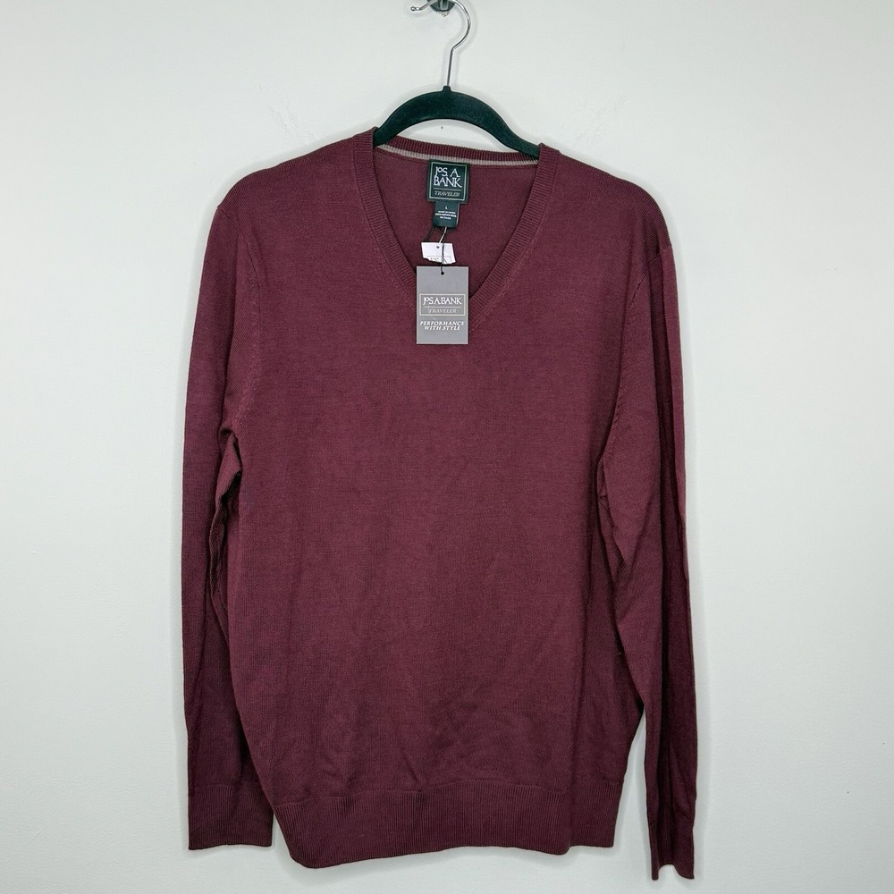Jos‎ A Bank Sweater Men's Large Red Traveler Merino Wool V Neck Lightweight NEW